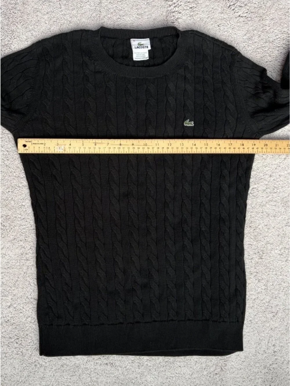 Lacoste Mens Black Cable Knit Crewneck Sweater Size 46 / US Large Cotton